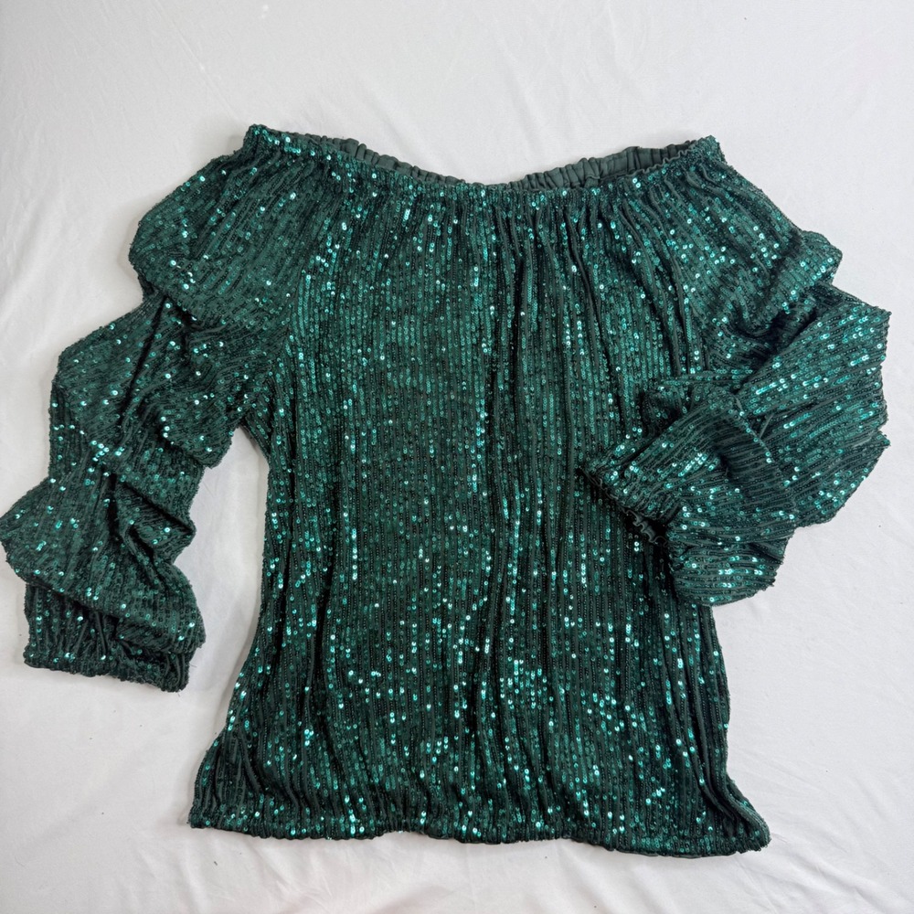 CeCe Womens Emerald Green Sequin Off The Shoulder Tiered Ruffle Sleeve Top XL